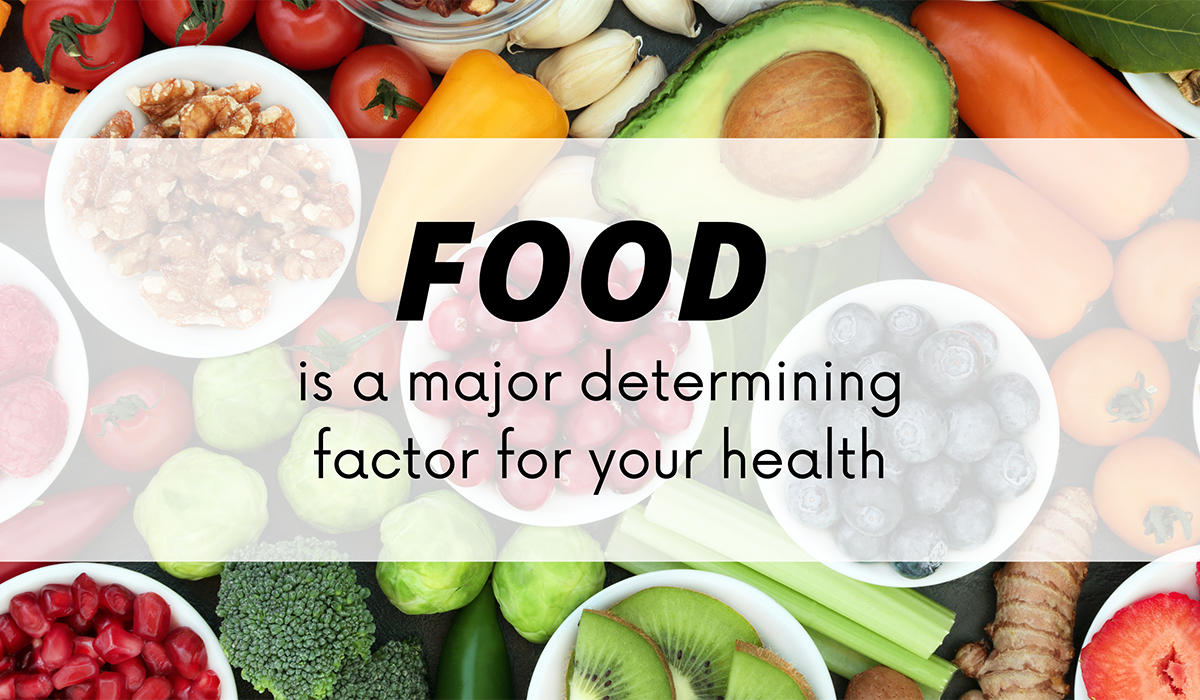 colourful healthy foods and words food is a major determinig factor for your health