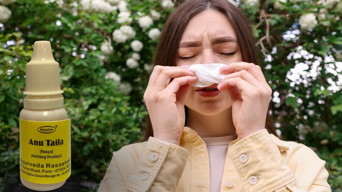 a woman with blocked nose and bottle of anu taila